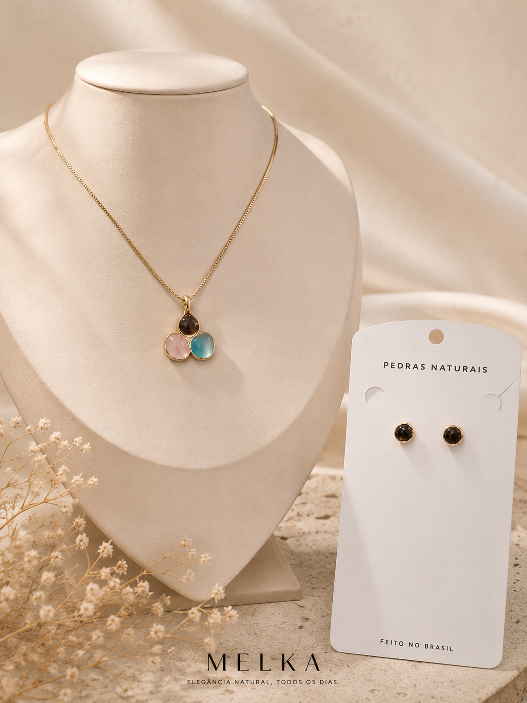 Conjunto Colar e Brincos em Banho Ouro 18k e Pedra Resina em formas orgânicas dras