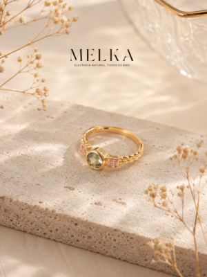 Anel Cristal Peridoto e Morganita - Banho de Ouro 18 k