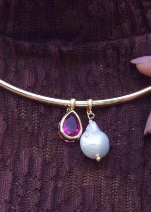Pingente em Forma de Gota em Zircônia Rosa /Banho Ouro 18k